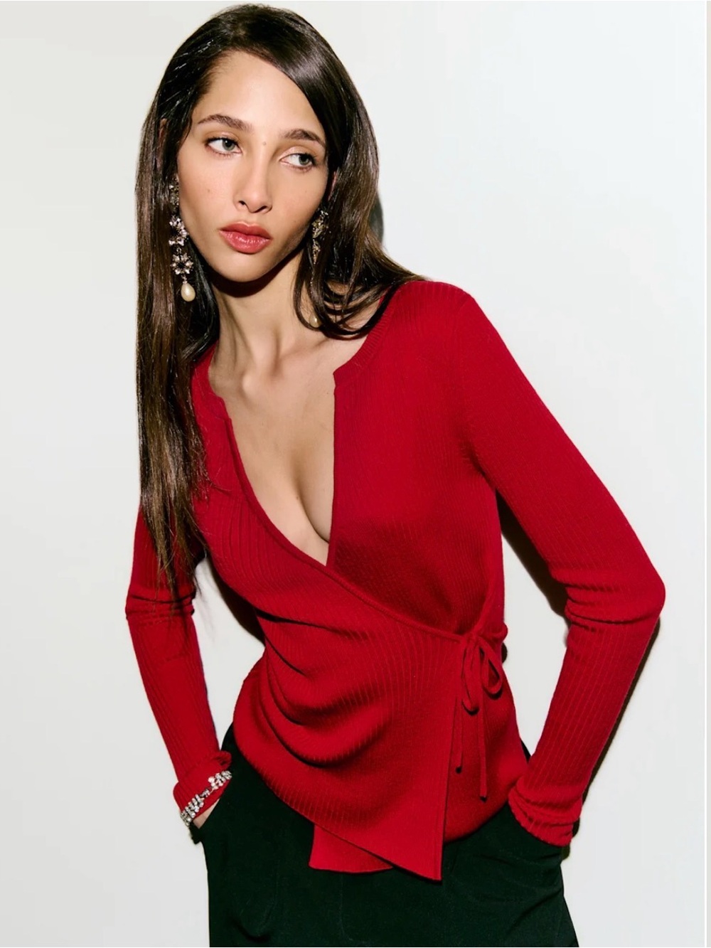 Reformation Red Wrap Ribbed Knit Top